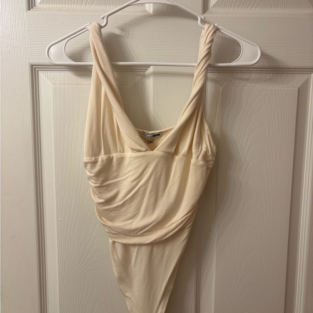 Fashion Nova Cream Twisted-Strap V-Neck Bodysuit